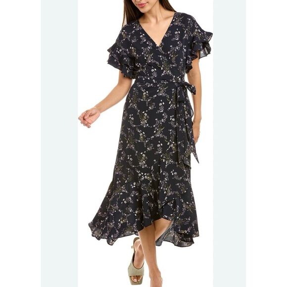 Max studio blue floral flutter sleeve wrap dress size small - Picture 1 of 10